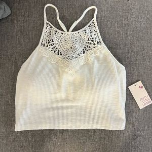 White lace ribbed crop top
